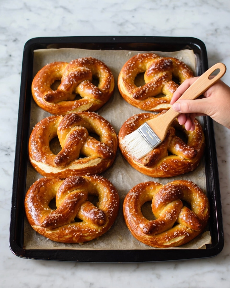 The image shows six golden brown pretzels arranged in two rows of three on a black baking tray lined with parchment paper. The pretzels have a shiny surface with a few visible grains of salt and a soft, slightly puffy texture with twisted loops. A woman's hand is holding a brush with a white brush head and a wooden handle, applying a glaze on the pretzel in the middle of the tray. The tray is placed on a white marbled surface, adding a clean and bright background to the scene. Photo taken with an iphone --ar 4:5 --v 7