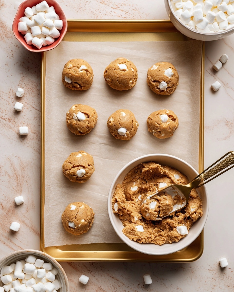 The image shows a gold baking tray lined with parchment paper holding nine round cookie dough balls, each light brown with white marshmallow pieces visible inside. The dough balls are evenly spaced in three rows of three. Below the tray, there is a white bowl filled with more light brown cookie dough mixed with mini white marshmallows. A gold cookie scoop filled with dough rests partly on the bowl and parchment paper. Around the tray are scattered mini white marshmallows and a white bowl filled with more marshmallows. The whole setup sits on a white marbled textured surface. photo taken with an iphone --ar 4:5 --v 7