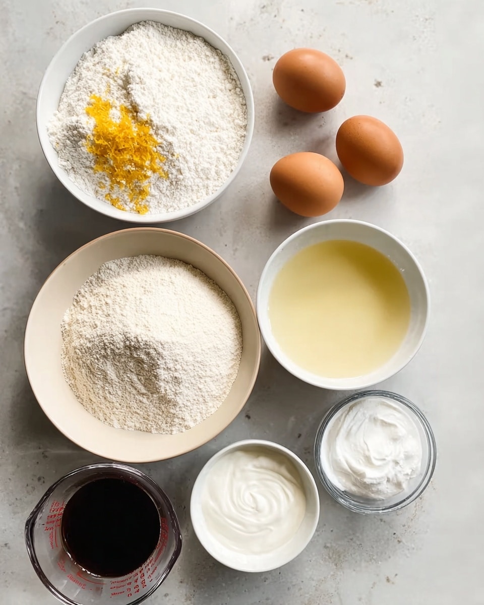 A white bowl filled with three piles of dry powder ingredients in different shades of white and light beige sits at the top center on a white marbled surface. Below it, on the left, is another white bowl with a layer of white powdered sugar topped with some bright yellow-orange zest. To its right is a white bowl filled with a pale yellow liquid. Below these, a white bowl holds two brown eggs. Below that, slightly to the right, is a black measuring cup filled with thick white cream, and to the right is a clear glass measuring cup containing white liquid. To the bottom left is a small glass bowl with dark brown liquid. photo taken with an iphone --ar 4:5 --v 7