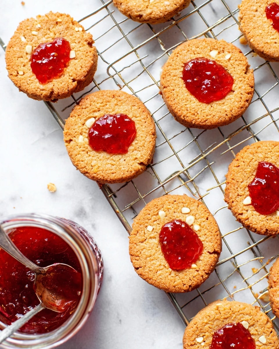 Several round, golden-brown cookies with a slightly rough texture and small white nut pieces are placed on a silver cooling rack over a white marbled surface. Some cookies have bright, glossy red jam dolloped on top, with the jam looking vibrant and slightly chunky. There is a glass jar filled with the same red jam at the bottom left of the image, with a spoon resting inside. The overall look is warm and fresh, with the cookies spaced around the rack. Photo taken with an iphone --ar 4:5 --v 7