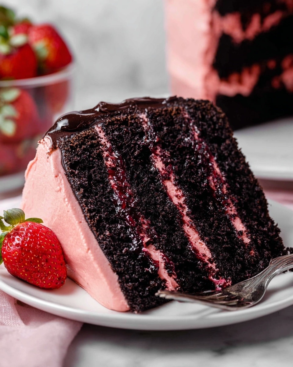 A three-layer chocolate cake with dark, rich layers is shown on a white plate, each chocolate layer separated by thick, smooth pink frosting. The frosting covers the whole cake and has a glossy texture, with a thin dark purple jam spread between the pink frosting and chocolate cake layers. A metal fork rests on the plate leaning against the cake. In the background, there is a bowl full of fresh red strawberries, and one strawberry is placed on the white marbled surface near the plate. The photo taken with an iphone --ar 4:5 --v 7