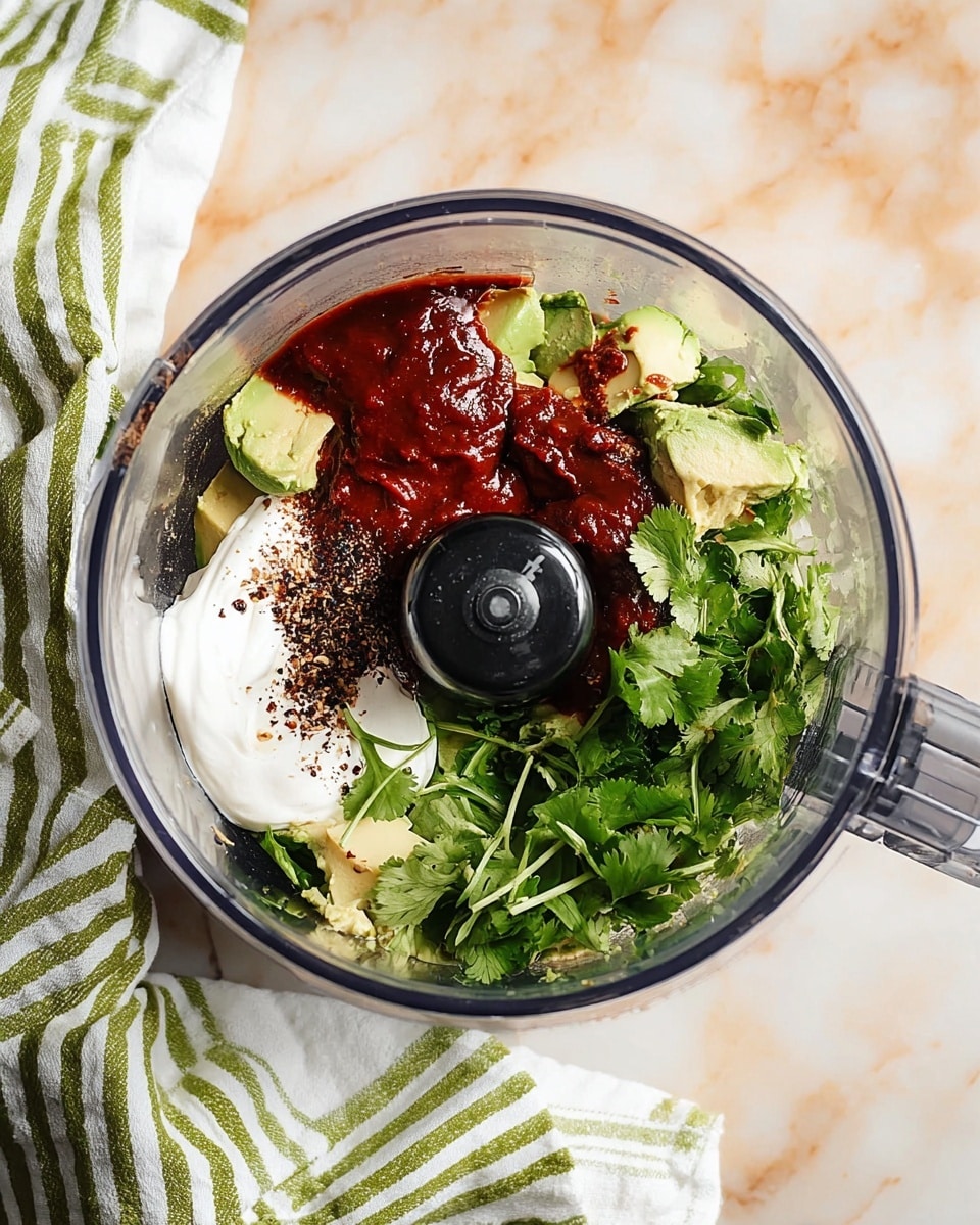 A clear food processor bowl sits on a white marbled surface with a green and white striped cloth nearby. Inside the bowl, there are several layers of ingredients: a base of light green avocado pieces, topped with a few dollops of thick white sour cream, bright green cilantro leaves scattered on one side, and a generous spoonful of thick red sauce with a shiny texture resting on top. Some black seasoning powder is sprinkled on the ingredients, and the black central blade of the food processor is visible in the middle. The scene is lit softly from above, highlighting the fresh colors. photo taken with an iphone --ar 4:5 --v 7