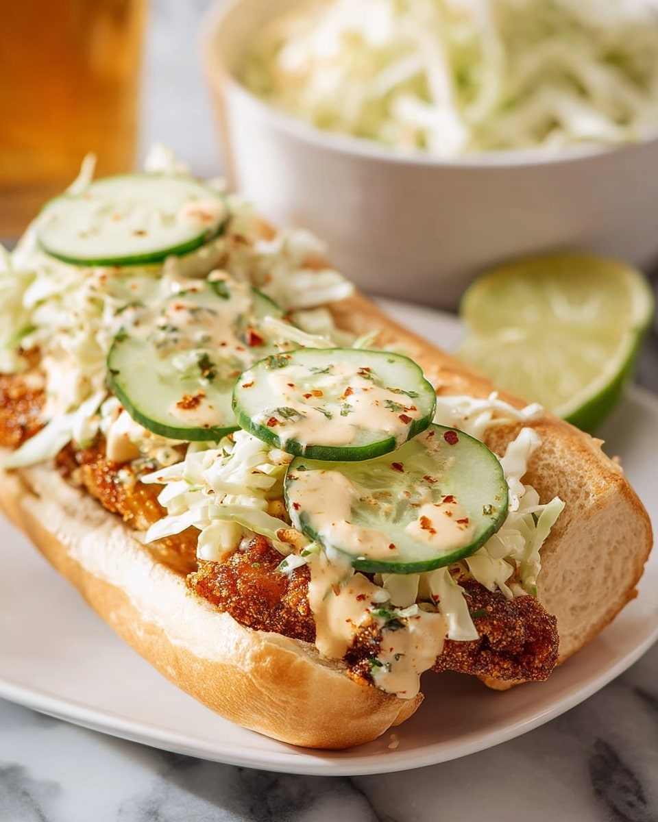The sandwich is on a white open hoagie roll, split into two halves, with the bottom half filled with a crispy, golden-brown seasoned fried chicken patty. On top of the chicken layer are thin, slightly curled slices of fresh cucumber that are bright green and shiny. Over the cucumbers is a layer of shredded white cabbage adding a crunchy texture. The whole sandwich filling is drizzled with a light beige sauce flecked with green herbs and red pepper flakes. The sandwich sits on a white plate, which is on a white marbled surface. In the background, there is a white bowl holding shredded white cabbage and a lime wedge just outside the plate. Photo taken with an iphone --ar 4:5 --v 7