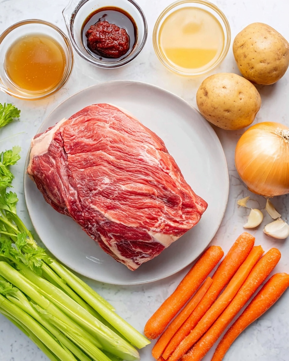 A white plate holds a large piece of raw beef with red and white marbling texture, placed slightly to the left center. Around the plate, on a white marbled surface, there is a yellow onion fading from golden to light brown on the right side, three smooth light brown potatoes below the onion, and four straight orange carrots with small roots at the bottom center. On the left bottom corner are several green celery stalks with leafy tops. At the top left corner, three small clear glass bowls hold different ingredients: red thick paste, dark brown liquid, and light golden broth in a measuring cup. Two peeled garlic cloves lie close to the onion on the right edge. The image is bright and colorful, showing fresh ingredients clearly. Photo taken with an iphone --ar 4:5 --v 7