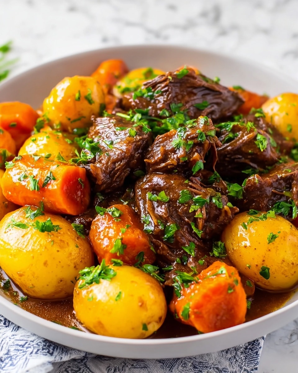 The dish shows a white bowl filled with three main layers. The bottom layer has dark brown, tender beef pieces with a soft, slightly shiny texture. On top and mixed with the beef are bright orange carrot slices, thick and soft-looking. The last layer includes whole small yellow potatoes, shiny with sauce and placed around the carrots and beef. The whole dish is covered lightly with green chopped parsley and a glossy brown sauce that adds shine and moisture. The bowl rests on a white marbled surface with a faint patterned cloth below it. photo taken with an iphone --ar 4:5 --v 7