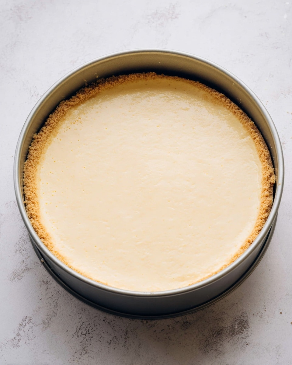 A round cheesecake with two visible layers sitting in a silver springform pan. The bottom layer is a thick, crumbly, light brown crust that lines the edges and base of the pan. The top layer is a smooth, creamy pale yellow filling that covers the crust evenly, stretching to the edges without any gaps or cracks. The pan rests on a white marbled surface. photo taken with an iphone --ar 4:5 --v 7