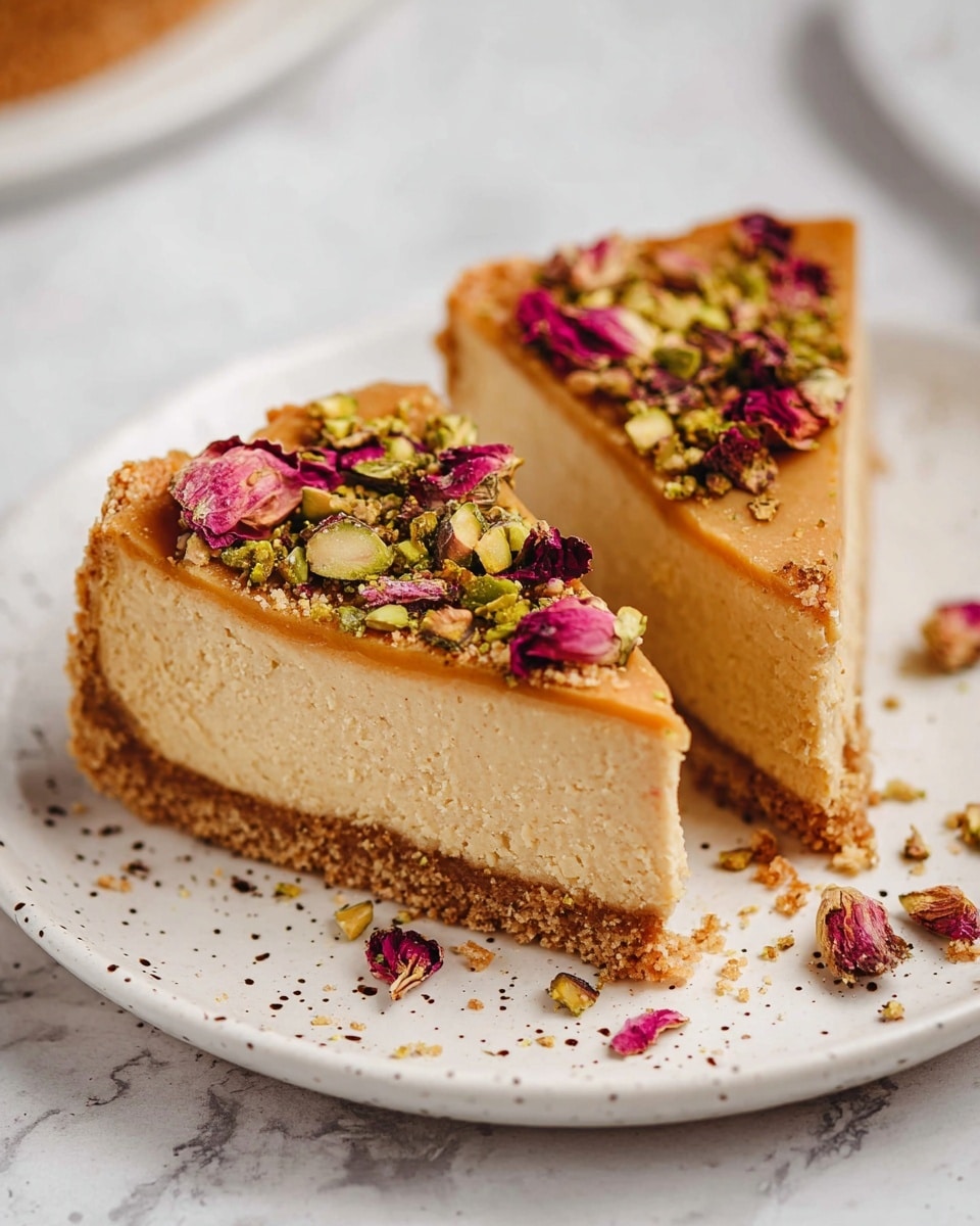 Two slices of cake are on a white plate with small dark speckles, placed on a white marbled surface. The cake has two layers: a thick, dense light beige base and a golden-brown crumbly crust around the edges. The top layer is smooth and firm, light caramel in color. The cake is topped with chopped green pistachios and small dried pink rose petals scattered unevenly. Some crumbs are visible around the slices on the plate. photo taken with an iphone --ar 4:5 --v 7