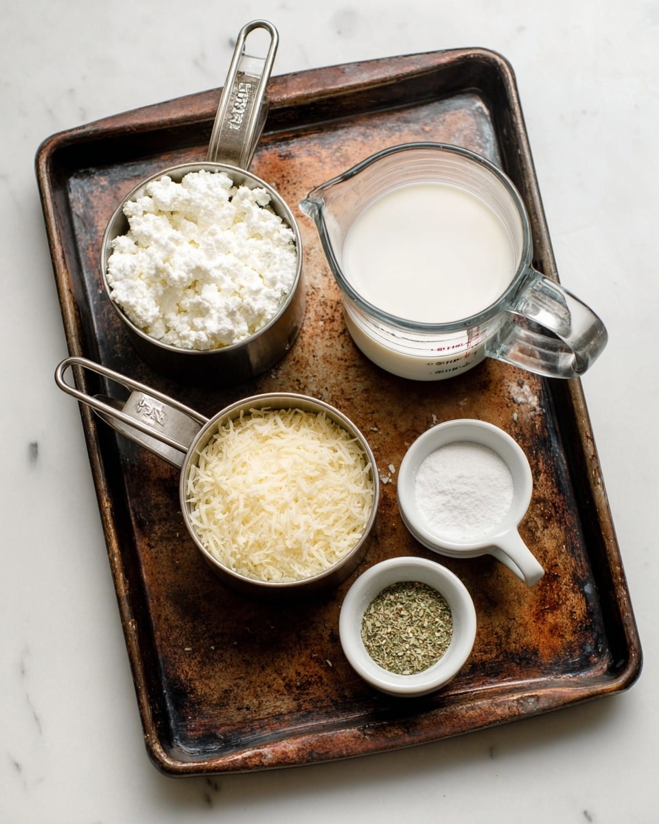 The image shows five cooking ingredients placed on a dark metal baking tray with some rust marks and texture. On the top left, there is a metal measuring cup filled with white cottage cheese. Next to it, on the right, is a clear glass measuring cup containing white milk, filled to about three-quarters. Below the cottage cheese cup, there is another metal measuring cup filled with finely grated light yellow cheese. To the bottom right, two small white ceramic bowls hold powdered white baking soda and a greenish mix of dried herbs and spices, respectively. The tray is set on a white marbled surface. Photo taken with an iphone --ar 4:5 --v 7