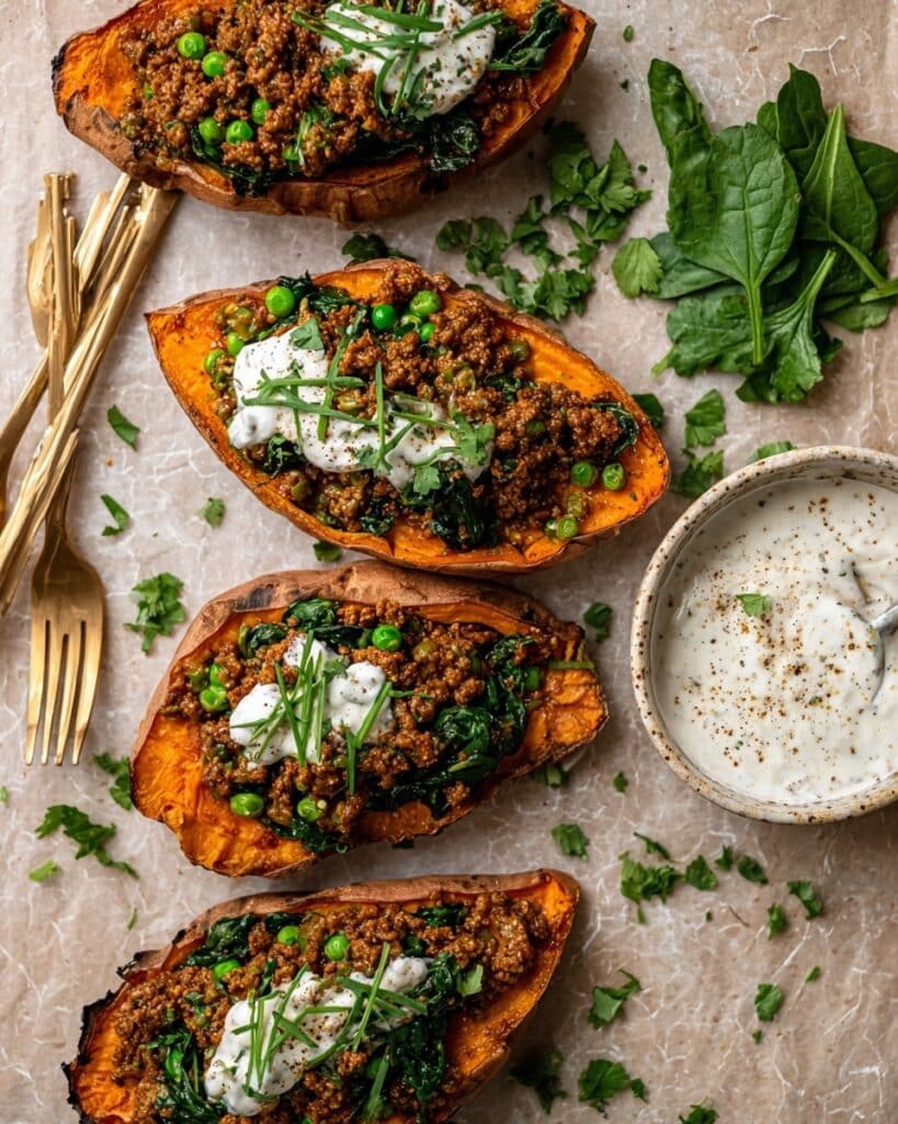 Moroccan Lamb Stuffed Sweet Potatoes with Garlic Yogurt Recipe