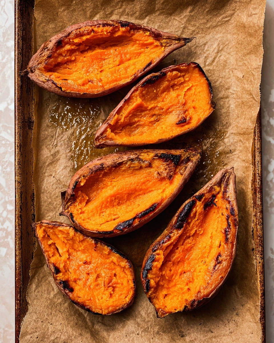 Four roasted sweet potato halves lie on a brown parchment paper covering a baking tray. Each half shows a bright orange, soft, and slightly mashed inside with a textured surface. The edges of the potatoes are darker, showing a roasted crust with some blackened spots. Light reflections on the oil glistening on the surface and around the potatoes add a shiny effect. The background is a white marbled texture. photo taken with an iphone --ar 4:5 --v 7