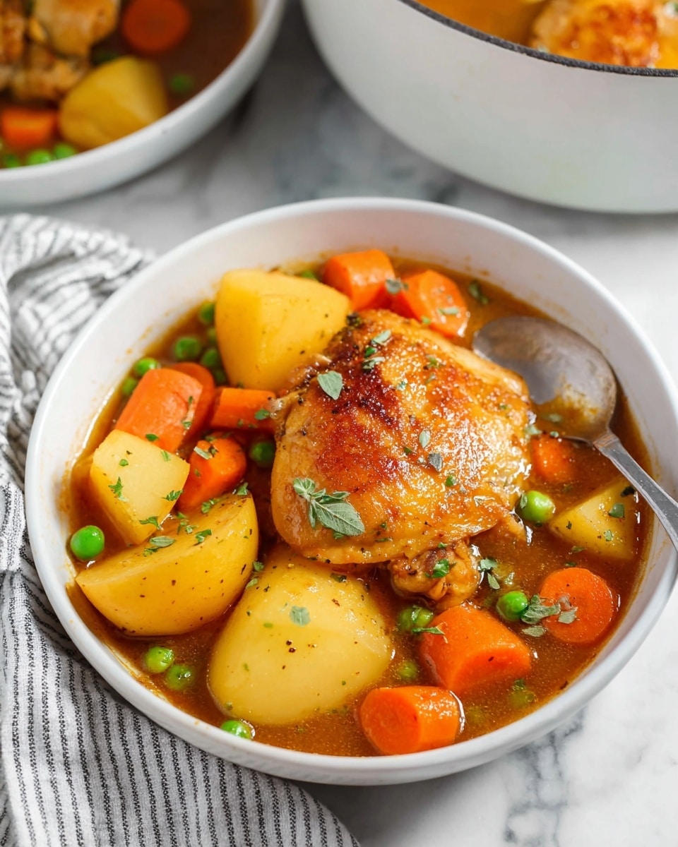 A large white round pot is filled with a rich brown stew with four golden-brown crispy chicken pieces resting on top. The stew has several chunky yellow potatoes cut into large pieces, thick orange carrots, and small green peas scattered throughout. The chicken skin is shiny and browned with a slightly rough texture, sitting on the thick stew liquid. There are small green herbs sprinkled lightly on top for color contrast. The pot is placed on a white marbled surface with a hint of a gray and white striped cloth visible at the edge. Photo taken with an iphone --ar 4:5 --v 7