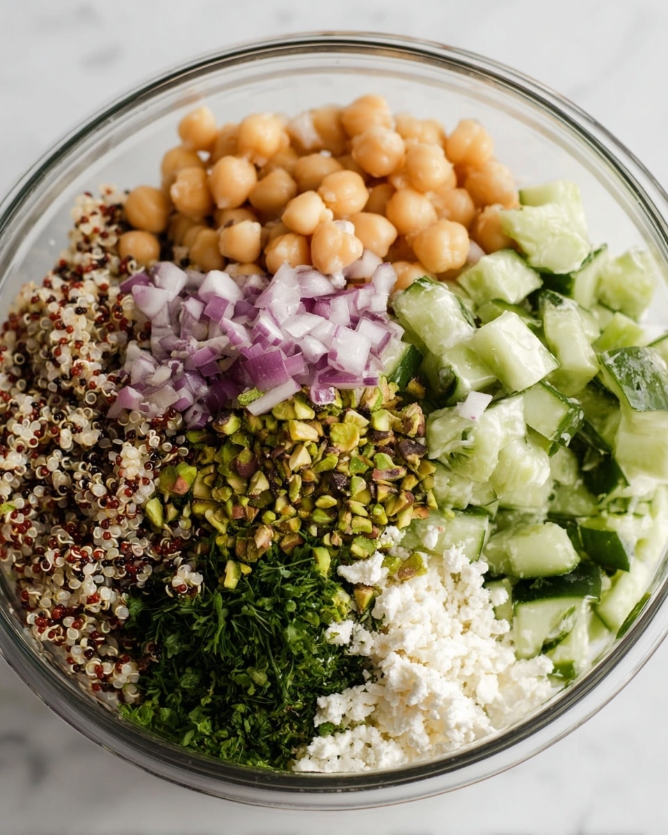 A clear glass bowl sits on a white marbled surface filled with seven separate layers of fresh ingredients arranged in sections: light beige chickpeas at the top right, light green chopped cucumber with a darker green skin next to them, finely chopped purple onion on the bottom right, white crumbled cheese beside it, a small cluster of green pistachios below, bright green chopped herbs adjacent, and a mix of white, red, and black cooked quinoa on the left. Each layer contrasts in color and texture, creating a vibrant, fresh look. Photo taken with an iphone --ar 4:5 --v 7