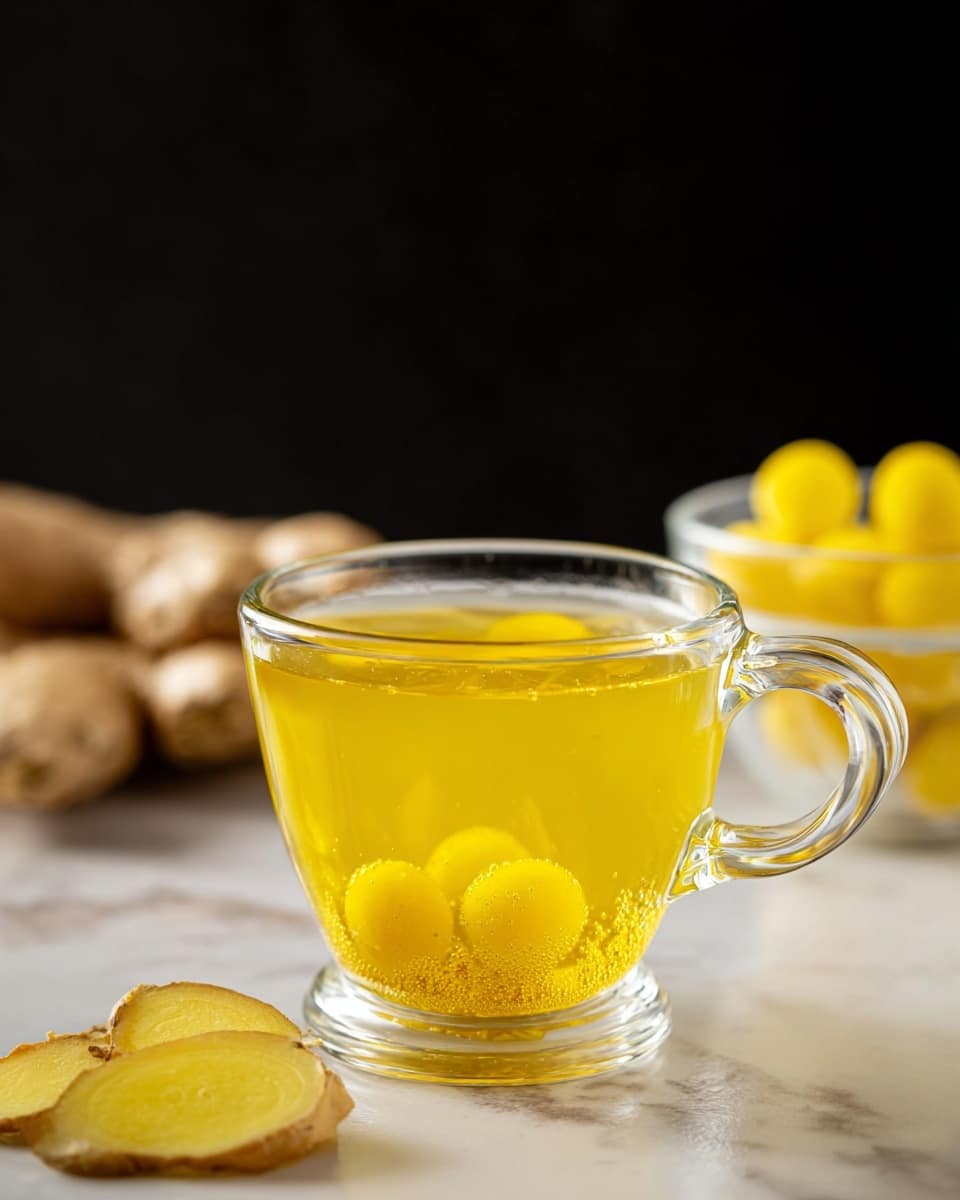 A clear glass cup with a handle holds a bright golden yellow liquid with small round yellow balls floating on the surface, creating a made-with-ginger look. The cup is placed on a white marbled surface. In the background, behind the cup, there are whole and sliced ginger roots on the left and some small round yellow pieces in a clear bowl on the right, all slightly out of focus. The background behind everything is black, making the warm colors of the drink and ginger stand out clearly. photo taken with an iphone --ar 4:5 --v 7