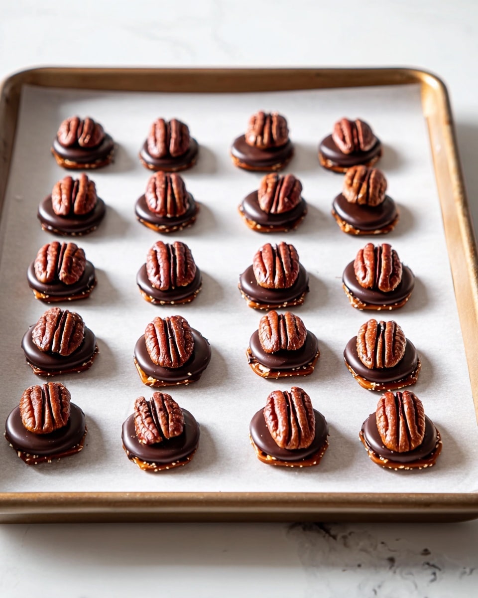A baking tray lined with white parchment paper holds six neat rows of small treats, each with three layers. The bottom layer is a square dark brown pretzel, topped with a smooth, shiny circle of dark chocolate in the middle layer. On top of each chocolate circle sits a whole, large pecan half, showing its textured, reddish-brown surface. The tray sits on a white marbled surface, and soft natural light highlights the glossy chocolate and the rough pecans. photo taken with an iphone --ar 4:5 --v 7