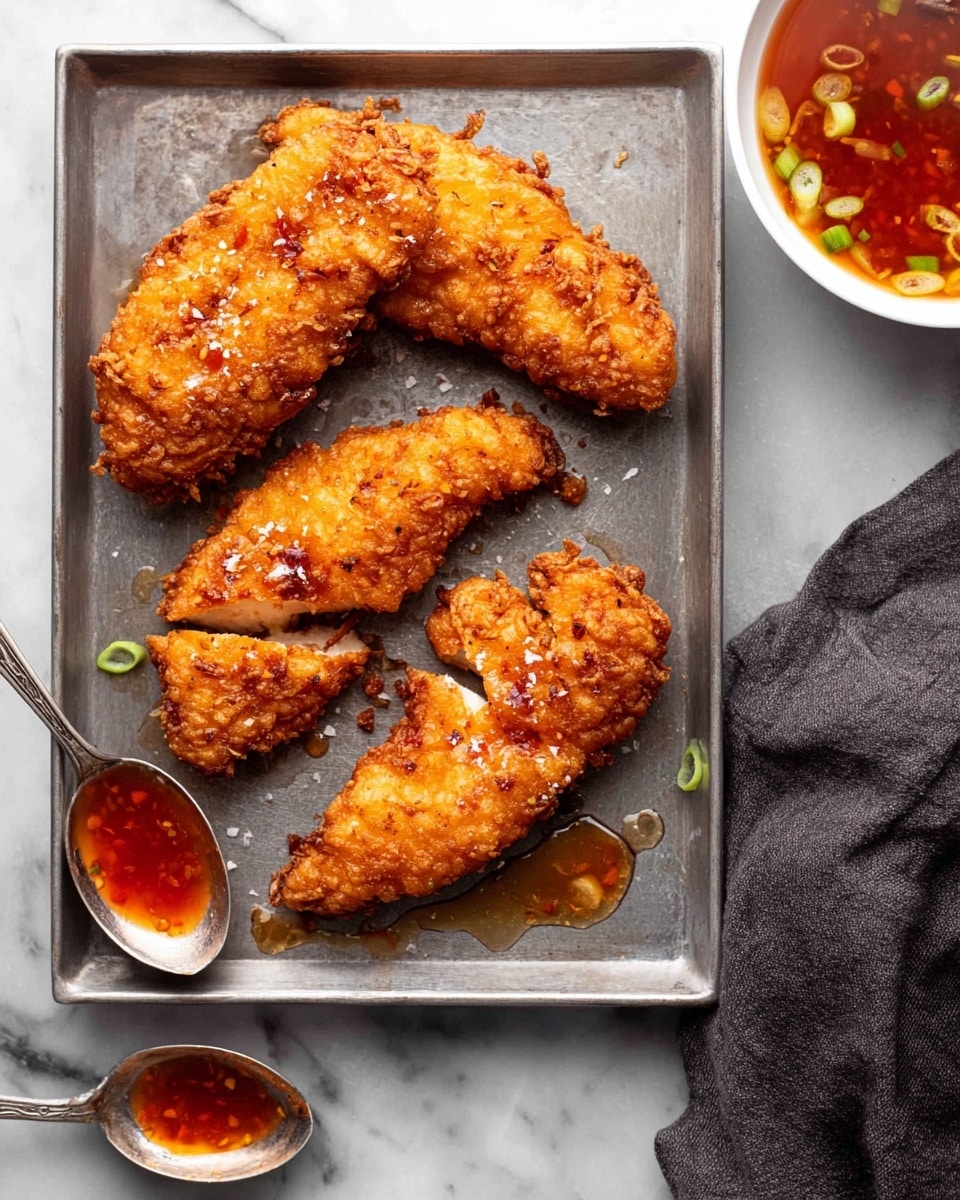 Four pieces of crispy golden brown fried chicken tenders with a crunchy texture are placed on a metal tray. There are small bits of crisp coating visible on the chicken, and a sprinkle of coarse salt on top adds a touch of white contrast. Two silver spoons with reddish-orange sweet chili sauce rest on the tray near the chicken, with some sauce drips on the tray. In the background, a white bowl filled with more reddish-orange sweet chili sauce is visible, with green sliced scallions floating inside. The setting is on a white marbled surface, and a dark gray cloth is partially visible on the right side. Photo taken with an iphone --ar 4:5 --v 7