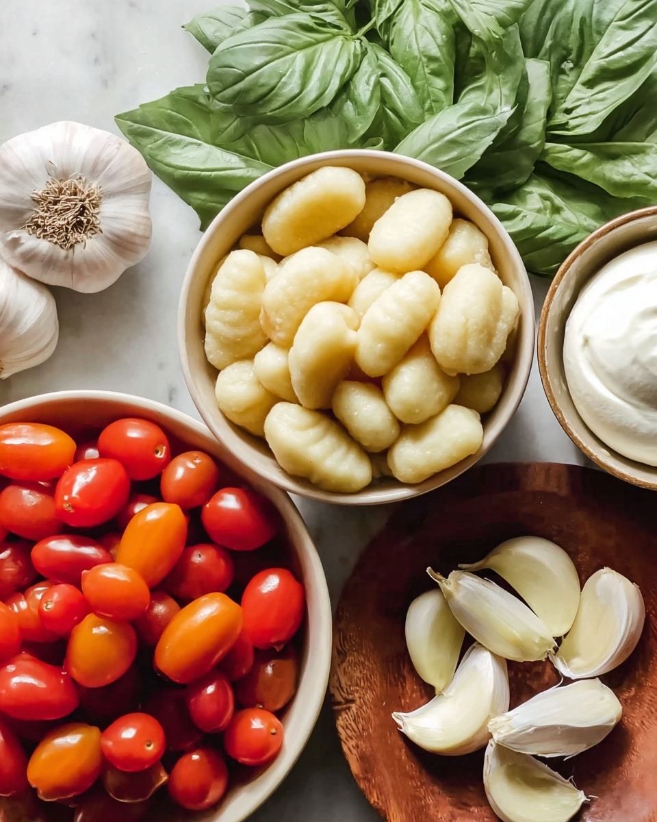 The image shows a close-up of several white bowls filled with fresh ingredients on a white marbled surface. One bowl holds plump, pale yellow gnocchi with a soft texture, while another contains bright red and orange grape tomatoes with smooth skins. Nearby, large, crisp green basil leaves rest beside a wooden dish with several whole garlic cloves in pale beige and white tones. A beige bowl holds a ball of creamy white mozzarella cheese, and a small bowl of thick white cream is also visible. The setup is simple and fresh, with natural colors and varied textures that make the ingredients stand out. Photo taken with an iphone --ar 4:5 --v 7