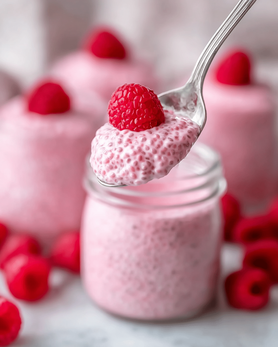 The image shows a close-up of a spoon holding a pink chia seed pudding with tiny round chia seeds visible throughout. The pudding has a creamy and slightly thick texture. The spoon is held above a clear glass jar filled with the same pink chia pudding. In the background, there are several more jars with pink pudding topped with a single red raspberry on each, slightly out of focus. Fresh raspberries are placed around the jars on a white marbled surface. The soft light emphasizes the smooth and creamy look of the pudding and the bright red color of the raspberries. photo taken with an iphone --ar 4:5 --v 7