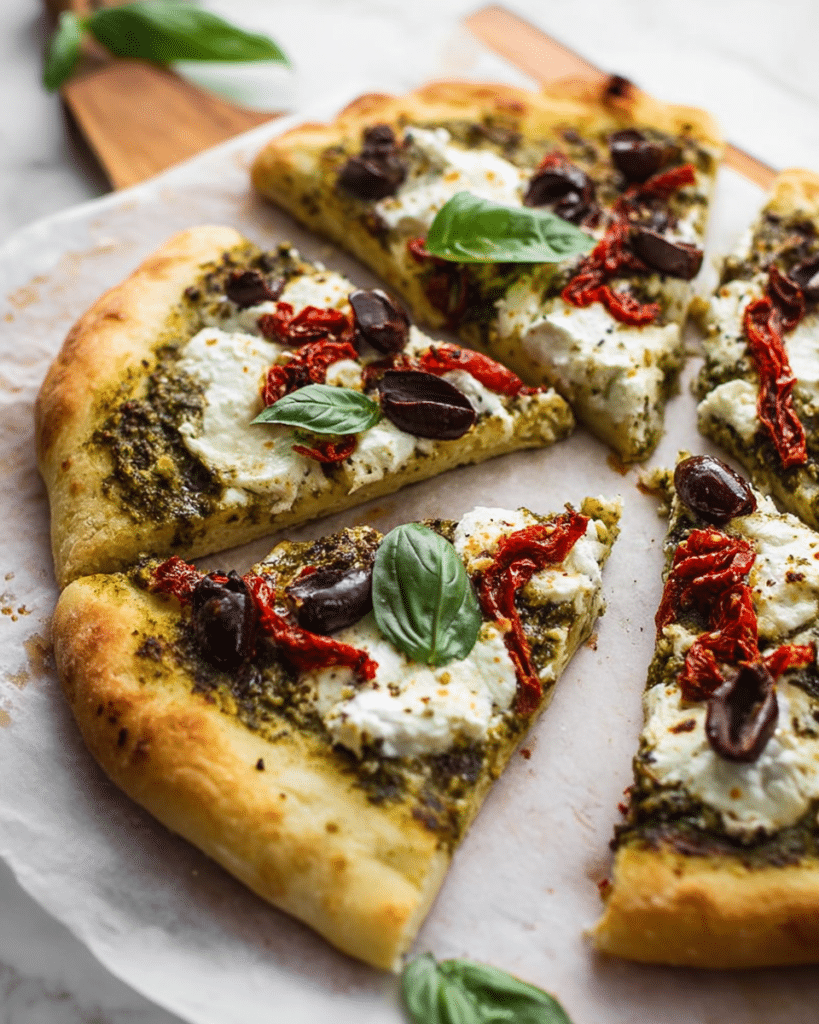 15-Minute Mediterranean Flatbread Pizza with Pesto Recipe