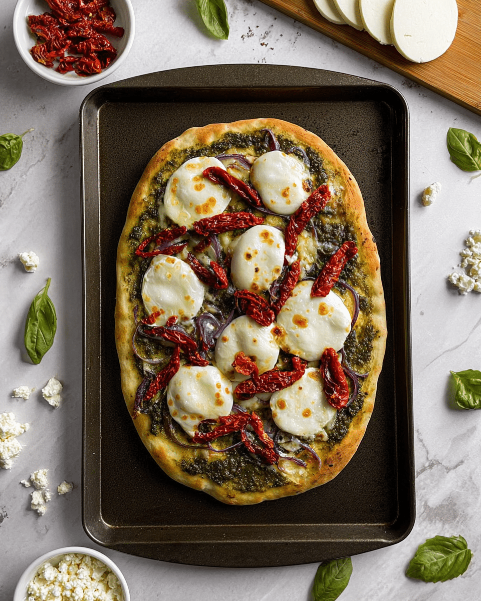 A small oval pizza on a dark baking tray with a light golden crust. The base layer is green pesto spread evenly over the dough. Thin slices of purple onion are scattered across the pizza under large, white, oval slices of fresh mozzarella cheese. Bright red sun-dried tomato strips are placed on top of each mozzarella slice. Around the tray, there are small white bowls with white cheese crumbles and more sun-dried tomatoes, and a white marbled surface holds scattered basil leaves and a wooden board with more mozzarella slices. photo taken with an iphone --ar 4:5 --v 7
