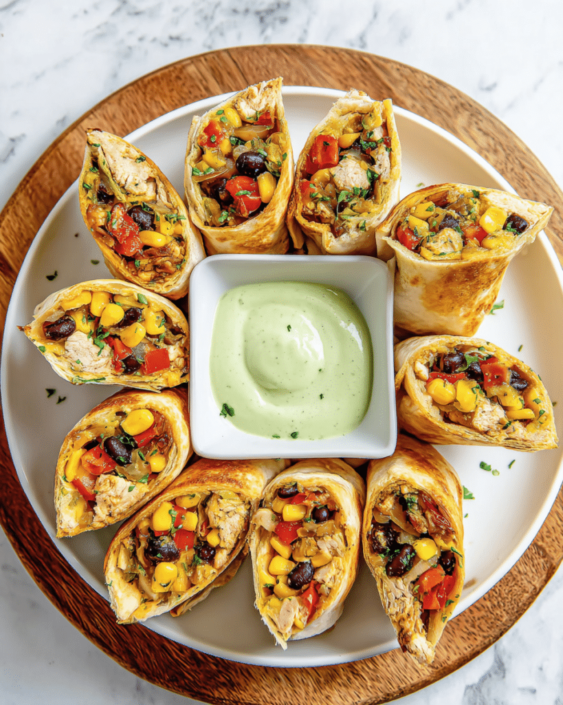 Southwest Chicken Egg Rolls with Avocado Dipping Sauce Recipe