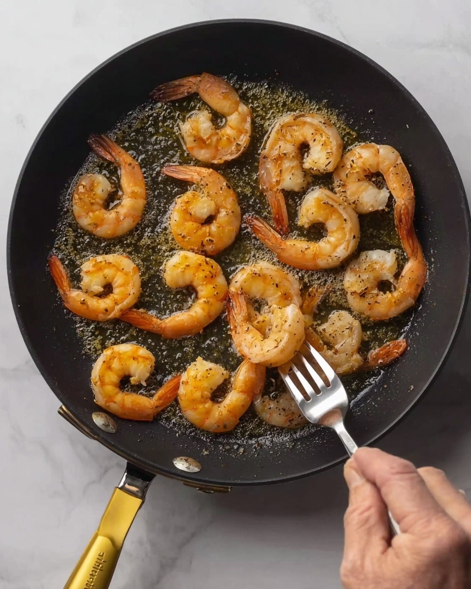 A black frying pan with a yellow handle holds about 18 shrimp cooking in melted butter or oil. The shrimp are in different cooking stages, some fully orange and others partially grayish, showing they are in the process of cooking. A person's hand holds a fork and is lifting one shrimp near the bottom right of the pan. The frying pan sits on a white marbled surface. photo taken with an iphone --ar 4:5 --v 7