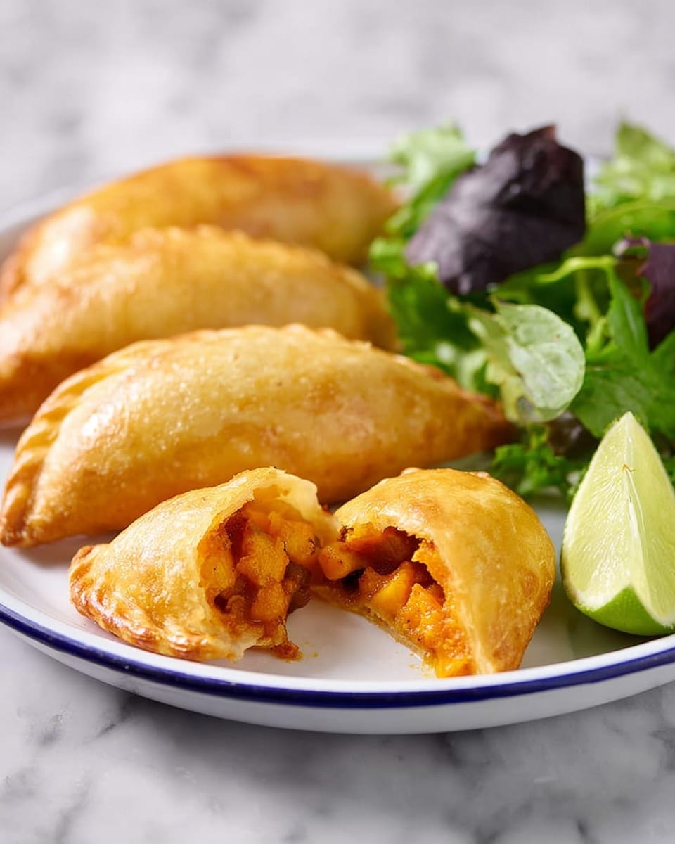 The image shows three golden-brown pastries arranged on a white plate with a blue rim, placed on a white marbled surface. One pastry is broken open, revealing a filling of small, cooked orange chunks inside. On the side of the plate, there is a fresh green salad with leafy greens and dark purple leaves, accompanied by a wedge of lime. The pastries have a smooth and slightly shiny crust with a soft texture, positioned in a way that the broken one is in the front and the other two lie behind it. photo taken with an iphone --ar 4:5 --v 7