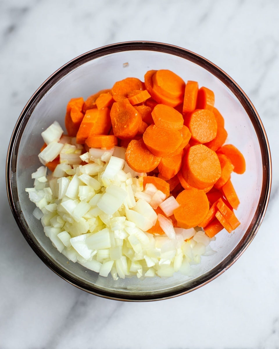 A clear glass bowl holds two layers of chopped vegetables on a white marbled surface. The bottom layer is roughly chopped white onions, showing small square pieces with a fine texture. On top of the onions, there is a layer of thickly sliced bright orange carrots, cut into round pieces, arranged loosely on one side of the bowl. The bowl’s rim is thin and dark, framing the colorful vegetable layers inside. photo taken with an iphone --ar 4:5 --v 7