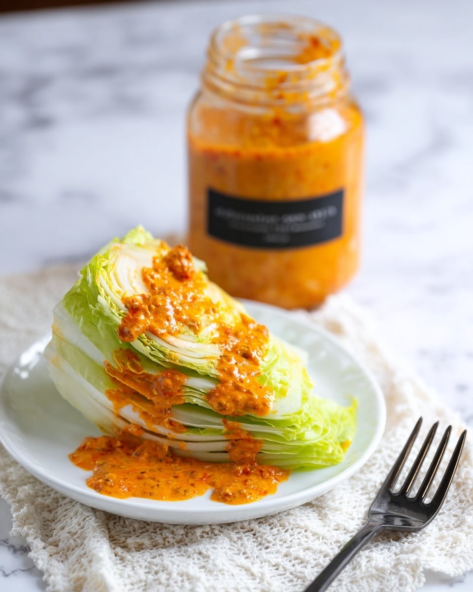 The image shows a wedge of iceberg lettuce with about 6 visible layers of pale green and white leaves, arranged in a triangular shape on a white plate. The top and sides of the wedge are covered with a thick layer of bright orange Japanese dressing with a slightly coarse texture. Behind the plate, there is a clear glass jar filled with more of the same orange dressing, with a black label. The plate is placed on a white marbled surface with a white textured cloth underneath and a black fork at the bottom right corner. Photo taken with an iphone --ar 4:5 --v 7