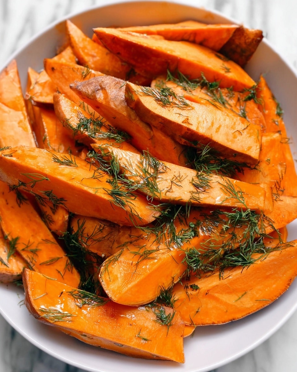 The image shows a white bowl filled with several layers of bright orange sweet potato wedges, each wedge thick and textured with skin on. Scattered over and between the wedges are small pieces of fresh green herbs, likely dill, adding a contrast of fine, delicate green strands against the smooth orange surface. The sweet potatoes appear lightly coated with oil, giving them a slight shine. The whole arrangement sits on a white marbled surface. photo taken with an iphone --ar 4:5 --v 7