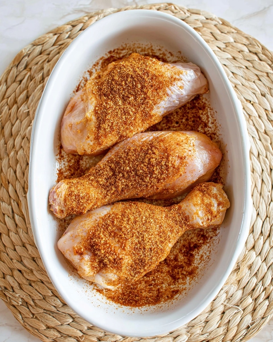 Three uncooked chicken drumsticks are neatly placed in a white oval dish, each piece covered with a layer of reddish-brown spice mix that is also scattered around the bottom of the dish. The chicken skin shows a light pale pink tone, with the textured mix on top adding a rough, grainy look. The dish sits on a thick woven placemat with natural beige colors, and the background features a white marbled texture. Photo taken with an iphone --ar 4:5 --v 7