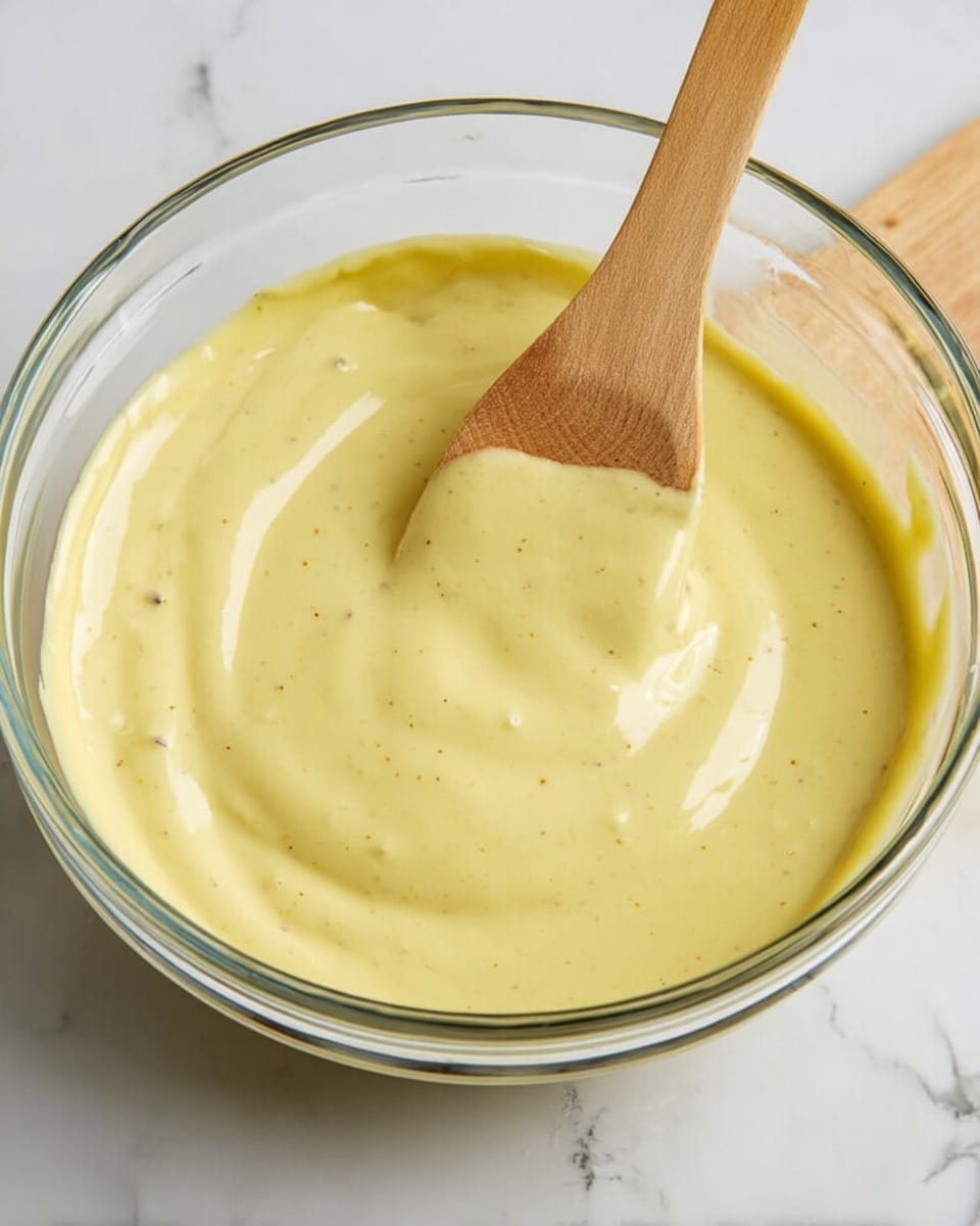 A clear glass bowl sits on a white marbled surface, filled with a smooth, thick pale yellow custard. The custard has tiny dark vanilla specks scattered throughout, giving it a textured look. A wooden spatula rests inside the bowl, partially submerged and coated with the custard. The spatula contrasts softly against the creamy mixture and the bowl's clear sides. photo taken with an iphone --ar 4:5 --v 7