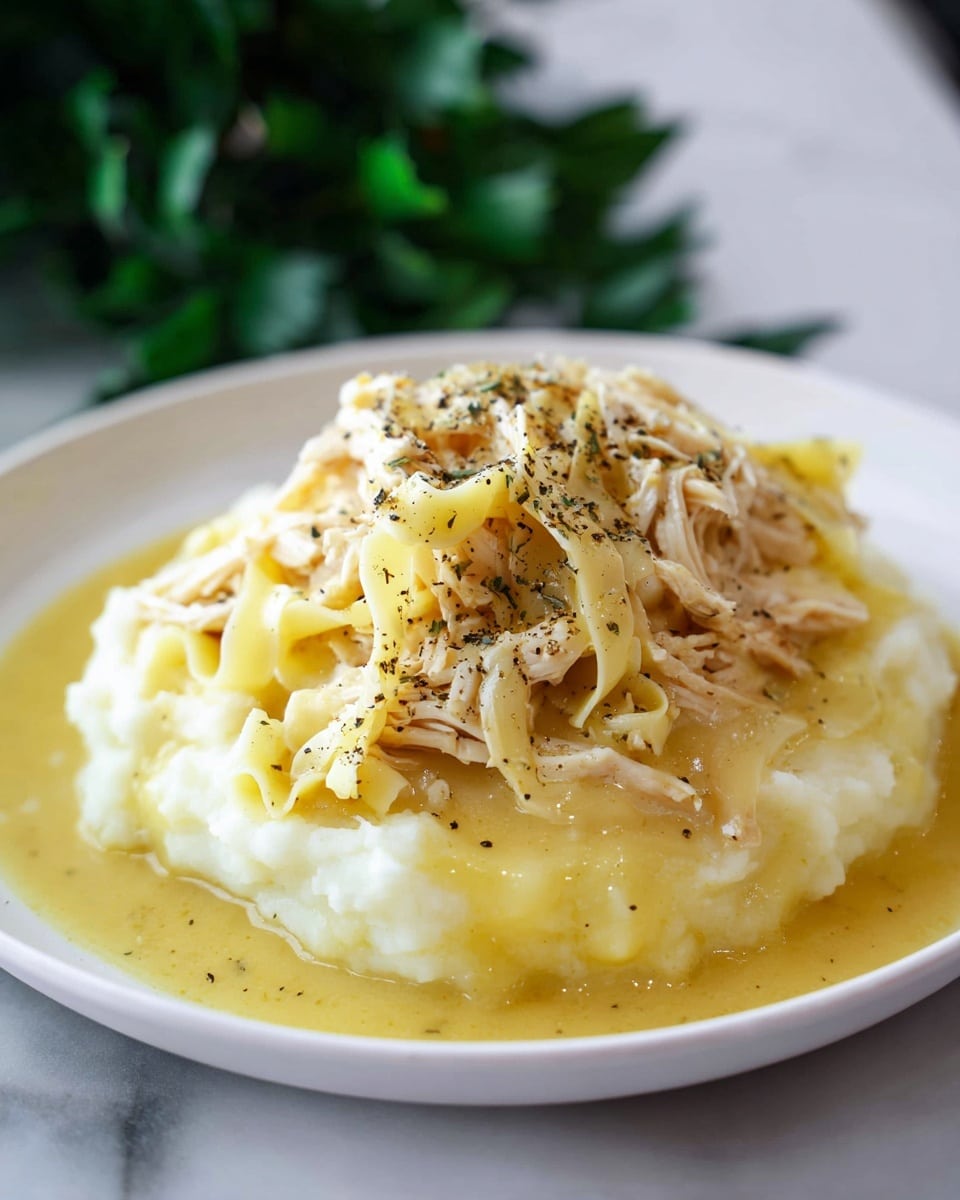The image shows a close-up view of a large white pot filled with chicken noodle soup. Inside the pot, there are wide, flat, light yellow noodles mixed with shredded pieces of cooked chicken that are a light brown and beige color. The broth is creamy and pale yellow, coating the noodles and chicken evenly. A wooden spoon with a smooth texture is placed inside the pot, stirring the soup. The pot is sitting on a white marbled surface with a white cloth featuring red stripes placed under the handle. Photo taken with an iphone --ar 4:5 --v 7