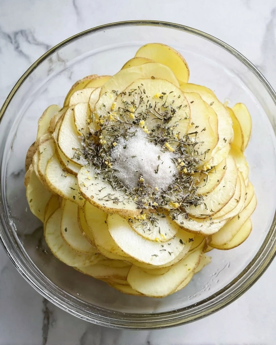 A clear glass bowl filled with thin slices of pale yellow potatoes arranged in overlapping layers. On top, there is a small mound of white powder, a bit of minced light yellow garlic, and scattered small dark green dried herbs evenly spread over the potato slices. The bowl sits on a white marbled surface. photo taken with an iphone --ar 4:5 --v 7