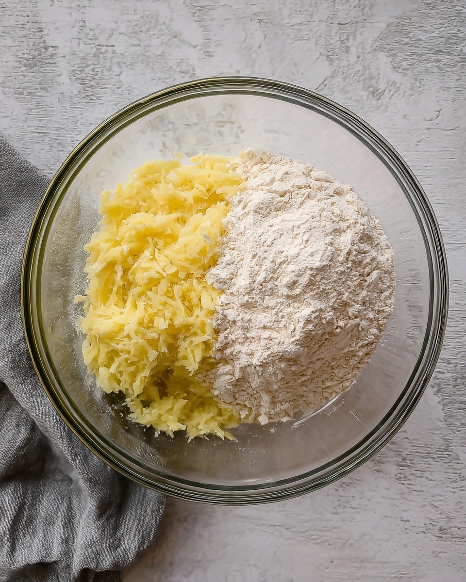 A clear glass bowl holds two main layers side by side at the bottom: on the left, a pile of pale yellow, grated potato with a soft and moist texture, and on the right, a mound of light beige flour that looks dry and powdery, both filling about half the bowl each. The bowl is set on a white marbled textured surface with a folded gray cloth partially visible under the bowl's edge. Photo taken with an iphone --ar 4:5 --v 7