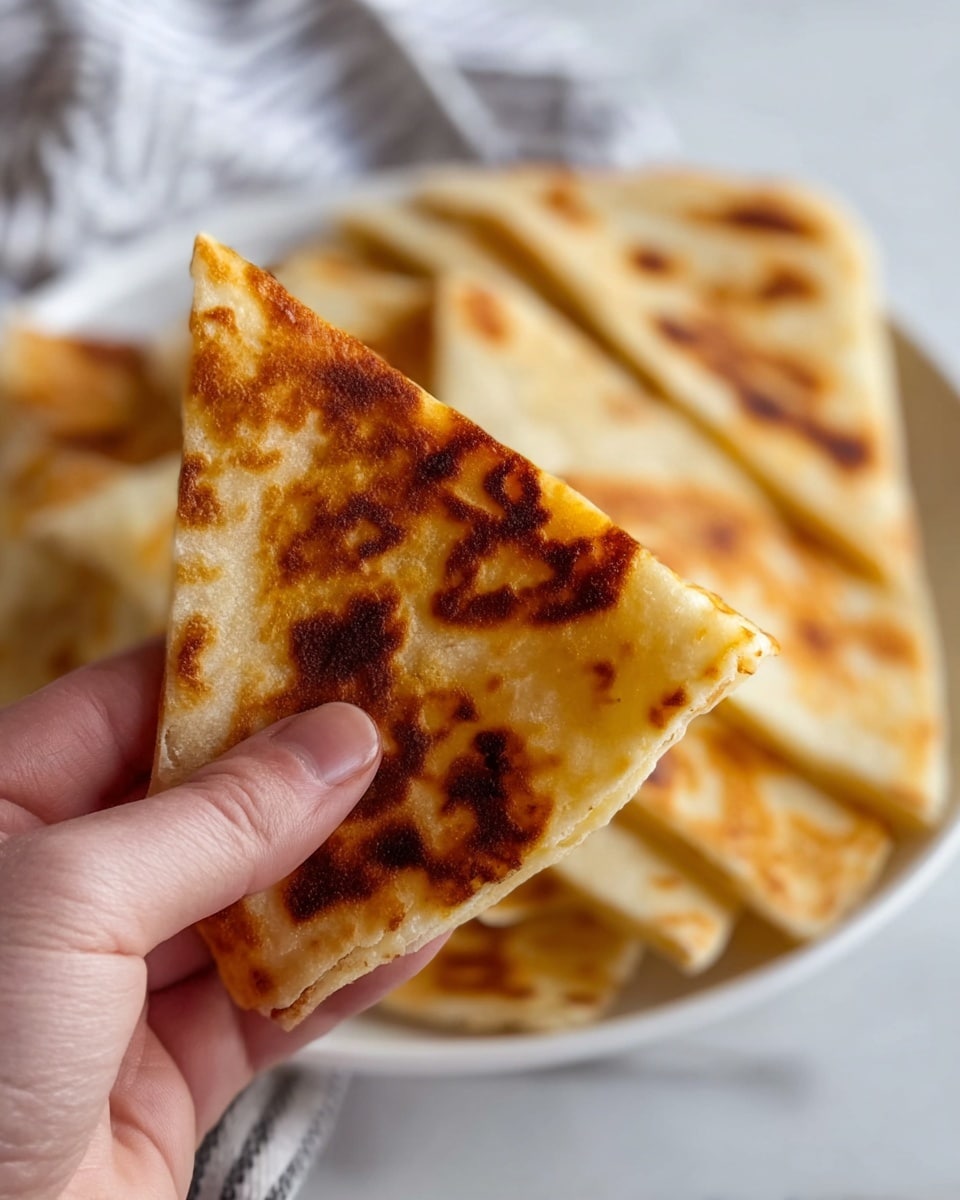 A close-up view of a woman's hand holding a piece of golden-brown flatbread with toasted, uneven dark brown spots on its surface, showing a soft texture. In the background, a white plate holds a neat stack of similar folded flatbreads, each triangular and layered, with light tan and toasted colors visible. The setting is on a white marbled surface, giving a clean and bright look. photo taken with an iphone --ar 4:5 --v 7