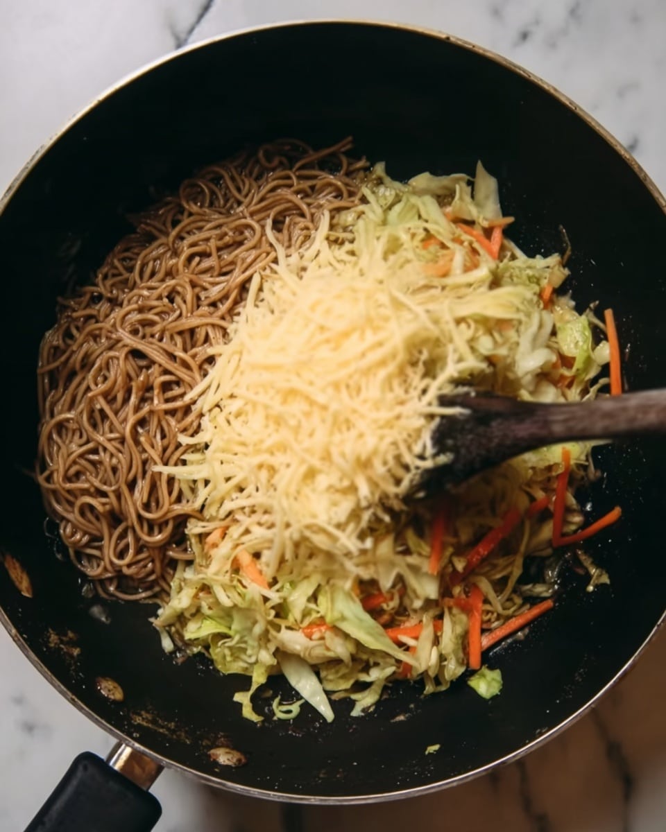 A black pan sits on a white marbled surface filled with a noodle dish, showing three main layers: on the left, brown thin noodles, in the middle, a heap of freshly shredded pale yellow cheese, and on the right, a mix of shredded vegetables including light green cabbage and thin strips of orange carrot. A dark utensil is partially visible stirring the noodles and cheese, with a few green bits scattered in the pan, all against the clean white marbled background. Photo taken with an iphone --ar 4:5 --v 7