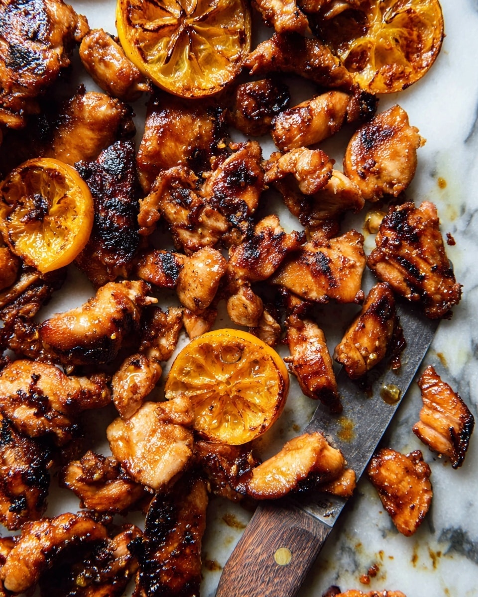 The image shows many small pieces of cooked chicken with a shiny, dark golden-brown surface, some edges slightly charred. Mixed in are two slices of grilled lemon with a caramelized orange color and textured surface. The chicken and lemon are spread unevenly on a flat white marbled surface. A knife with a wooden handle lies diagonally under some chicken pieces, partially visible. Photo taken with an iphone --ar 4:5 --v 7