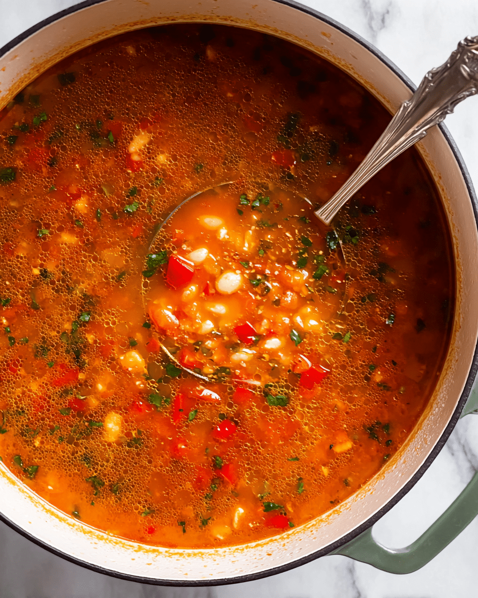 A large white pot filled with a rich, orange-red soup that has small chunks of red bell pepper, diced onions, white beans, and bits of green herbs sprinkled throughout the surface. The soup has a slightly oily sheen with tiny bubbles and a textured, thick broth. Inside the pot, a shiny silver ladle rests, partially submerged in the soup, with some soup inside its bowl. The pot is placed on a white marbled surface with the pot's rim visible and a green handle on one side. photo taken with an iphone --ar 4:5 --v 7