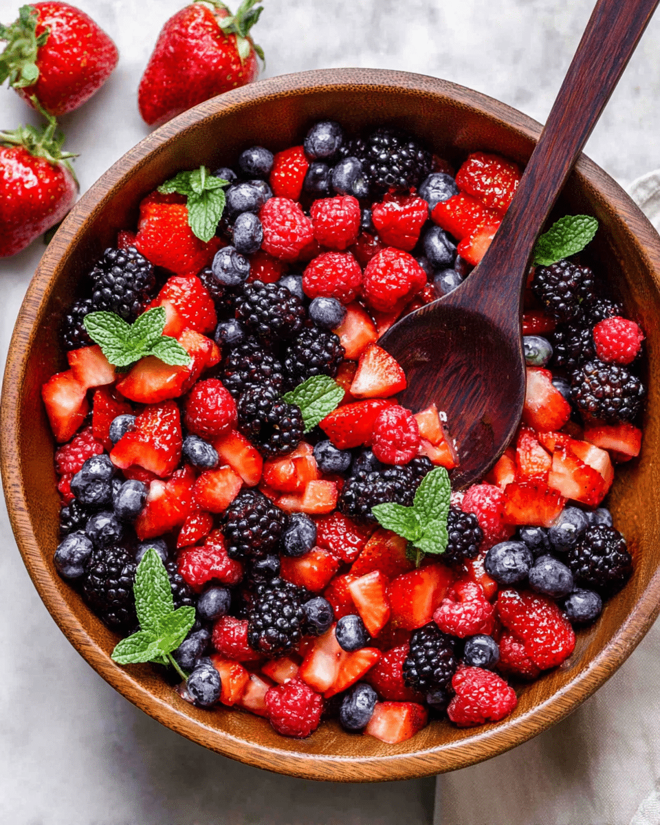 A round wooden bowl filled with mixed fresh berries layered evenly in bright red strawberries cut into small pieces, deep black blackberries, vibrant red raspberries, and dark blue blueberries, all topped with small green mint leaves scattered on top; a dark wooden spoon resting inside the bowl toward the right side with some berries in it, the bowl placed on a white marbled surface with a few strawberries around it. photo taken with an iphone --ar 4:5 --v 7