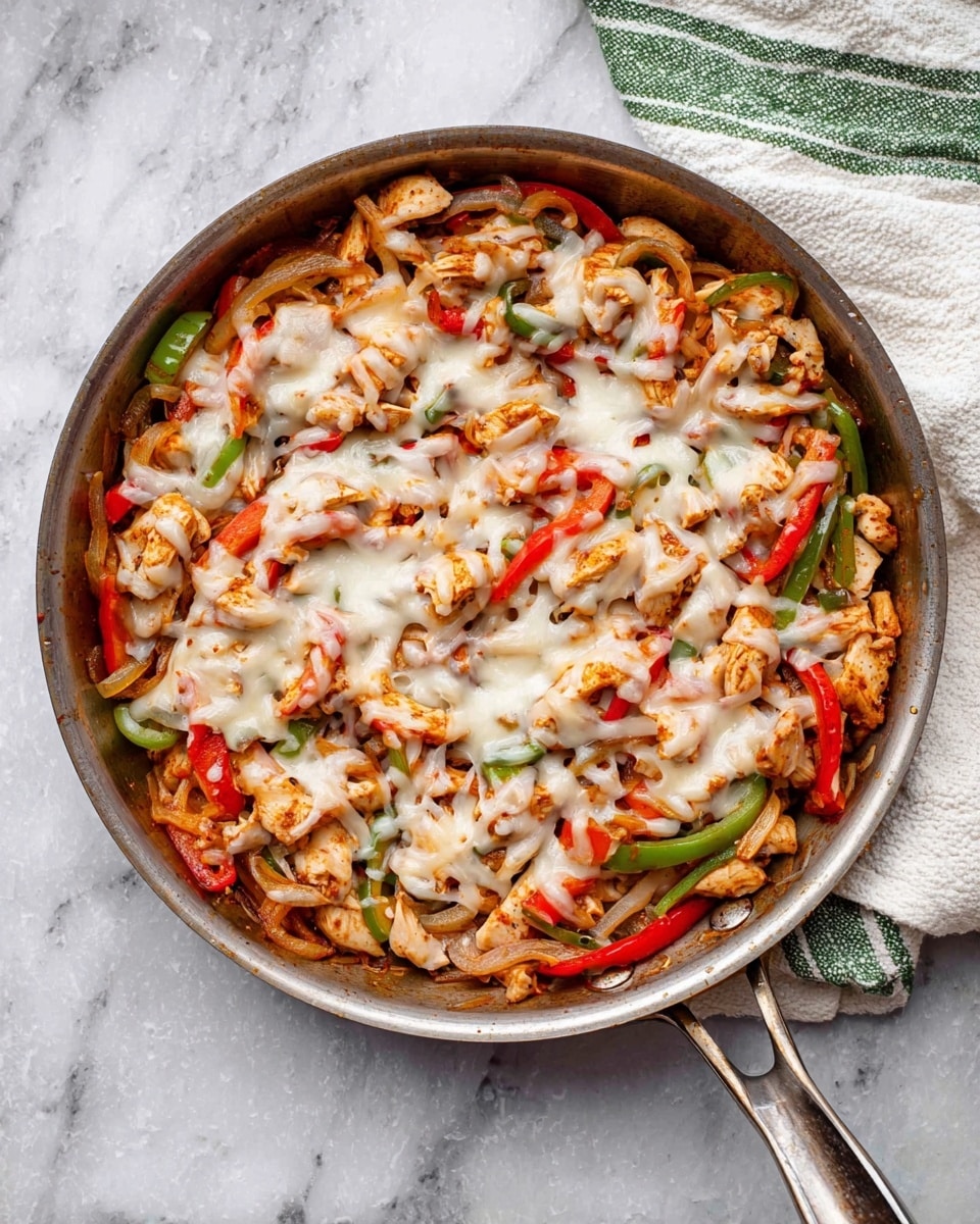 A round pan filled with cooked sliced pieces of light brown chicken mixed with thin strips of red and green bell peppers and onions. On top, there is a layer of melted white cheese that slightly covers the colorful vegetables and chicken underneath. The pan has a metal handle and rests on a white marbled surface, with a white cloth featuring green stripes near the top right corner. The overall look is warm and cheesy with bright colors from the peppers showing through the melted cheese photo taken with an iphone --ar 4:5 --v 7