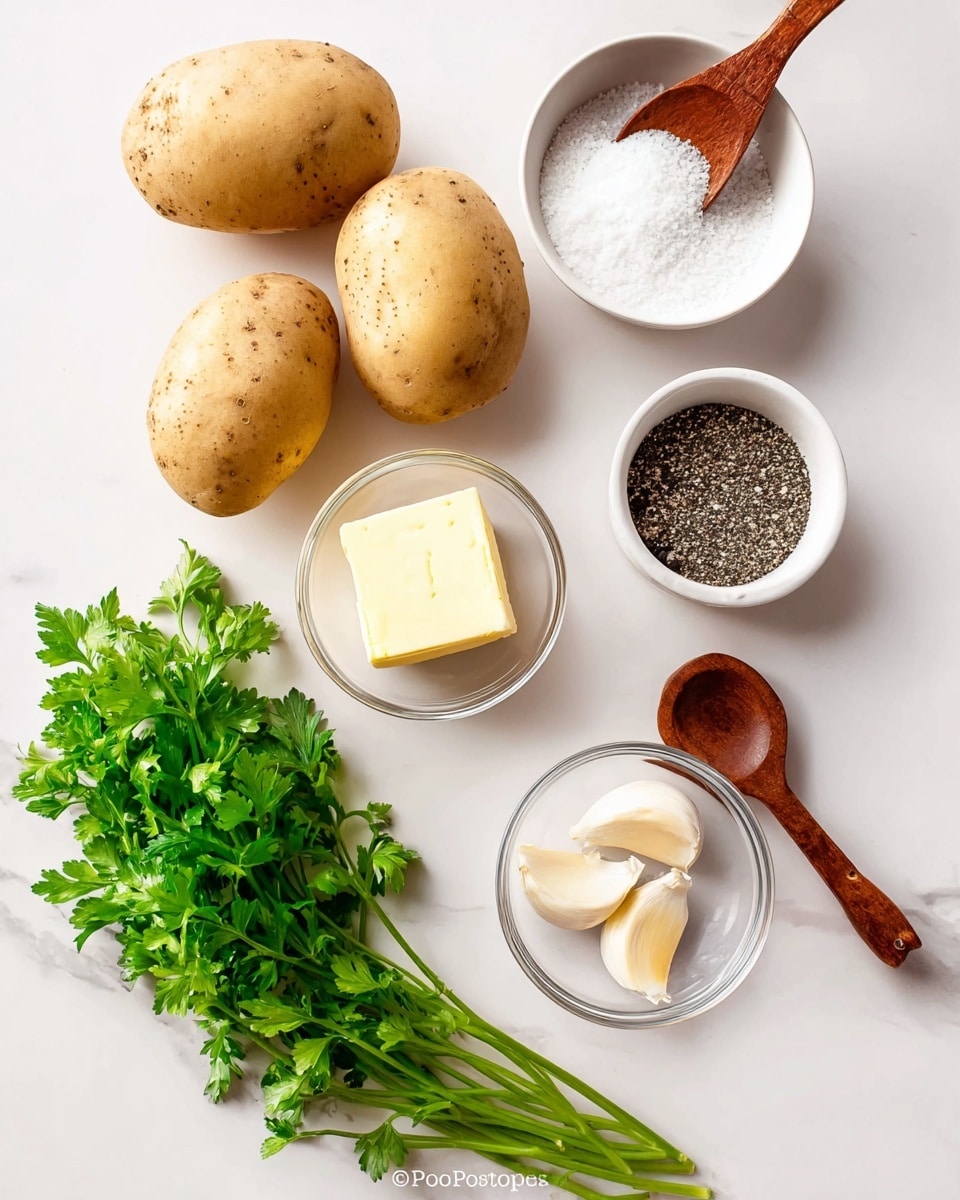 The image shows four light brown potatoes with a smooth texture placed near the center on a white marbled surface. Two small white bowls are at the top right and left, one filled with coarse salt and a wooden spoon, the other with cracked black pepper and also a wooden spoon. Below the salt bowl, a small glass bowl contains a pale yellow butter chunk, and next to it another small glass bowl holds three cloves of garlic. At the bottom left, fresh bright green parsley leaves with long stems are spread out. Everything is arranged neatly with bright natural lighting, photo taken with an iphone --ar 4:5 --v 7