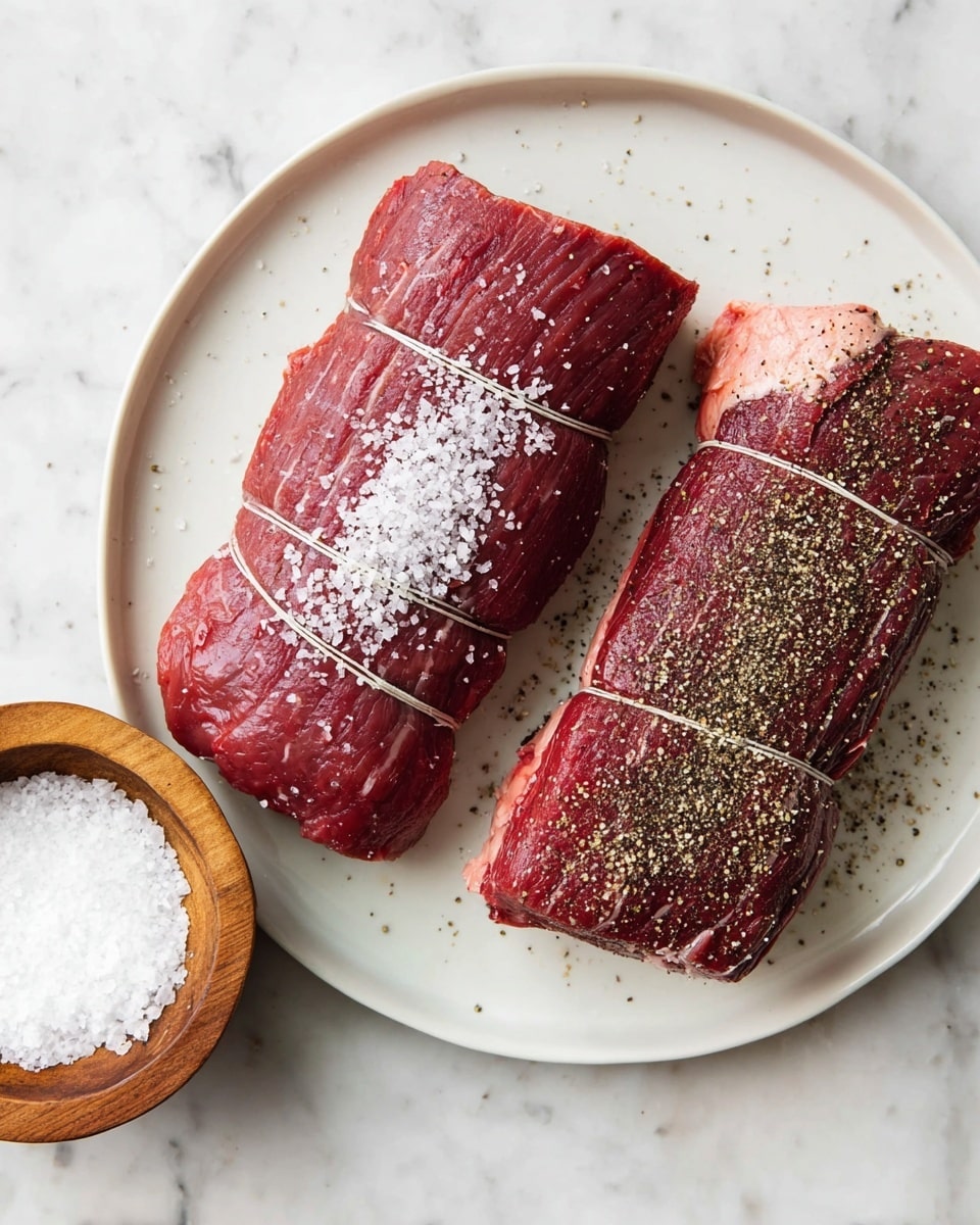 Two raw and tied pieces of red meat lie side by side on a round white plate. The left piece is sprinkled with coarse white salt in a line across the middle, showing a rough texture on top. The right piece is covered with both salt and cracked black pepper, adding texture and color contrast to the dark red meat. The plate is set on a white marbled surface with a round, open wooden salt container nearby, filled with white salt grains. Photo taken with an iphone --ar 4:5 --v 7
