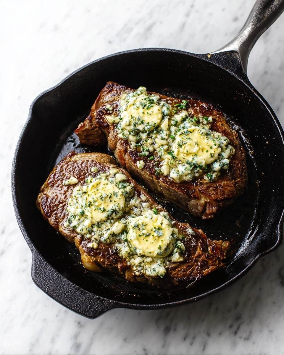 A black cast iron pan sits on a white marbled surface, holding two thick pieces of cooked steak. Each steak has a browned, slightly charred outer layer with some visible grill marks. On top of both steaks, there are dollops of creamy, melted herb butter with small green herb flakes and finely chopped garlic pieces spread unevenly. The steaks look juicy and well-seared, with their textures showing in the light reflection. The pan's handle extends out to the right side of the image. photo taken with an iphone --ar 4:5 --v 7