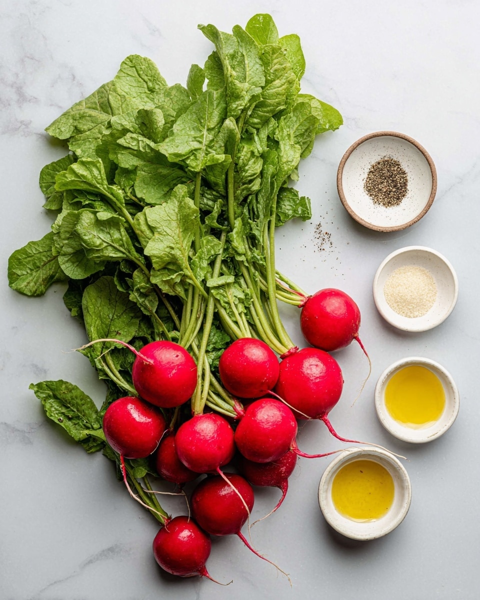 The image shows a bunch of fresh radishes with bright red round roots and long green leaves spread out over a white marbled surface. Around the radishes, there are four small white bowls positioned in a loose circle: one bowl contains black pepper, another has coarse salt, a third holds light yellow granulated seasoning, and the fourth has golden olive oil. The texture of the radishes' roots is smooth and shiny, while the leaves look fresh and slightly wrinkled. The overall composition is clean and vibrant with natural colors. photo taken with an iphone --ar 4:5 --v 7