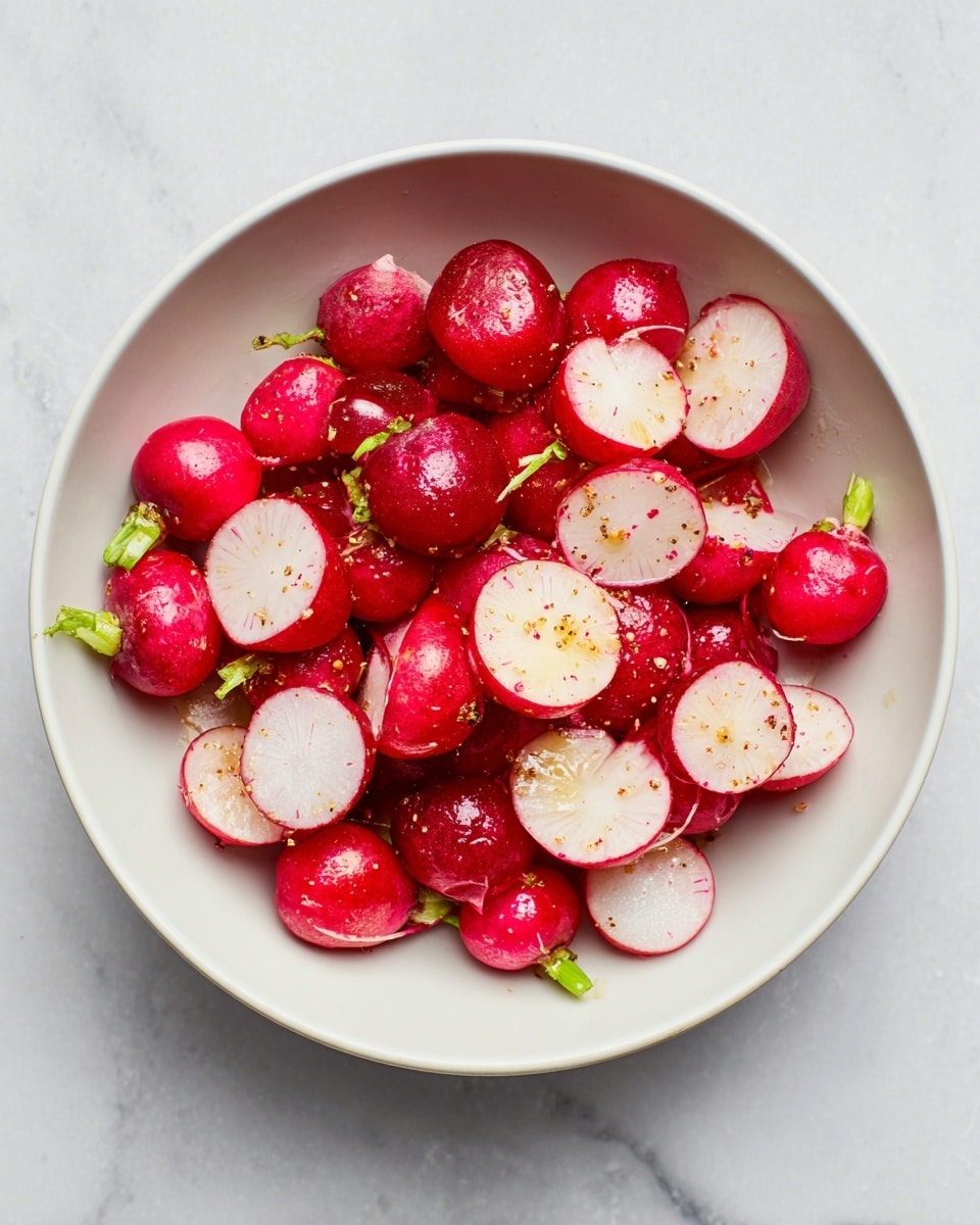 A white bowl full of whole and sliced radishes fills the frame. The radishes have a bright red outer skin with some small green stems attached, and the sliced parts reveal a white inner flesh with a slightly translucent texture. The radishes are sprinkled with light seasoning, showing small black pepper specks and a slight sheen from a dressing or oil. The bowl sits on a surface with a white marbled texture. photo taken with an iphone --ar 4:5 --v 7