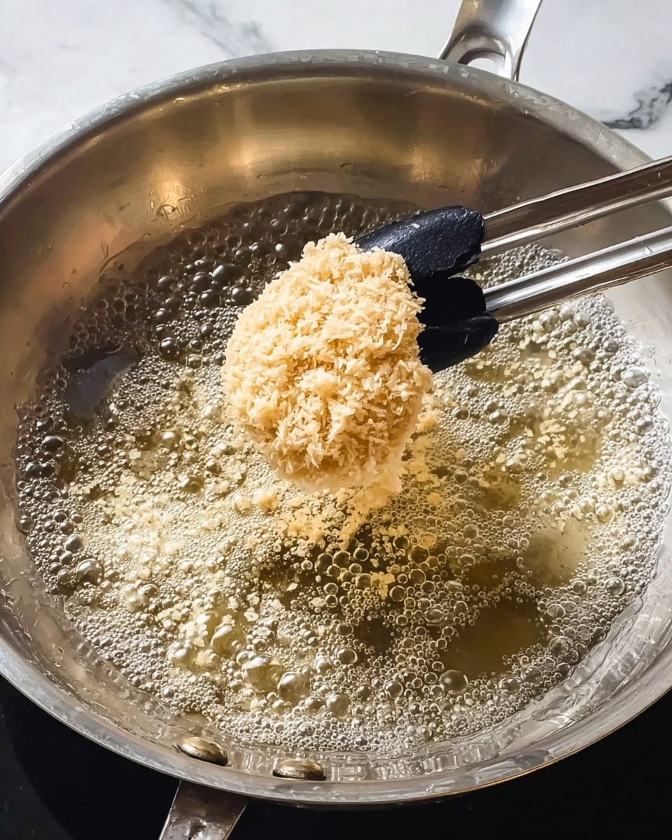 A close-up view of a shiny silver pan with clear, bubbly oil heating on a white marbled surface. In the middle of the pan, a black silicone tong is lifting a round mound of light beige, crumbly flakes, likely bread crumbs or panko, above the bubbling oil. The bubbles are dense and lively, showing the oil is hot and ready for frying. The pan’s metallic edge and screw hold the handle in place at the top of the image. Photo taken with an iphone --ar 4:5 --v 7