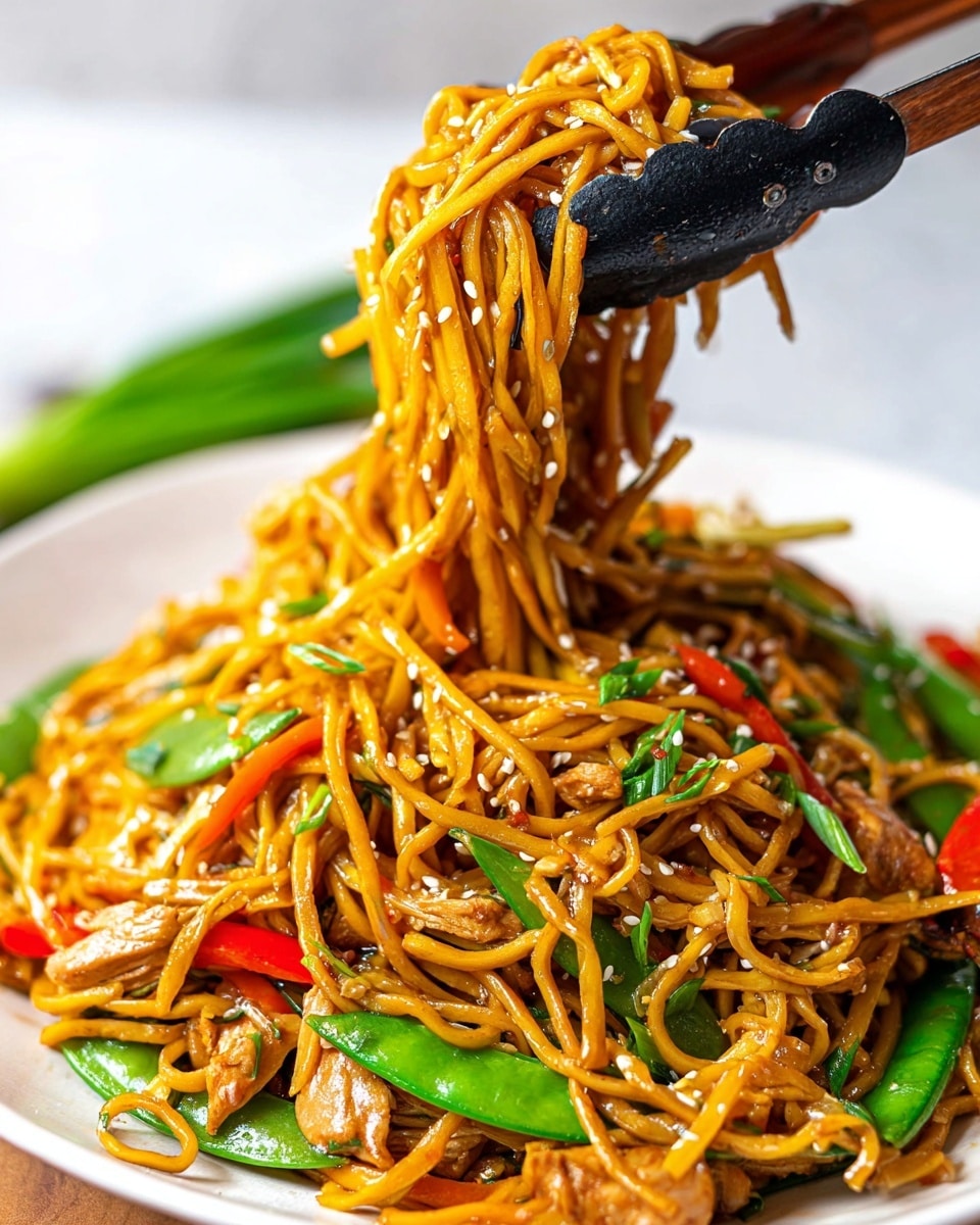 A white bowl filled with stir-fried noodles mixed with light brown sauce, with bright green snap peas and sliced green onions scattered on top. There are thin, long orange carrot strips, and red bell pepper slices mixed evenly throughout. Light golden pieces of chicken are visible among the noodles and vegetables, sprinkled with white sesame seeds. Around the bowl, there are whole brown mushrooms, a bulb of garlic, garlic cloves, and green onions placed on a white marbled surface. photo taken with an iphone --ar 4:5 --v 7