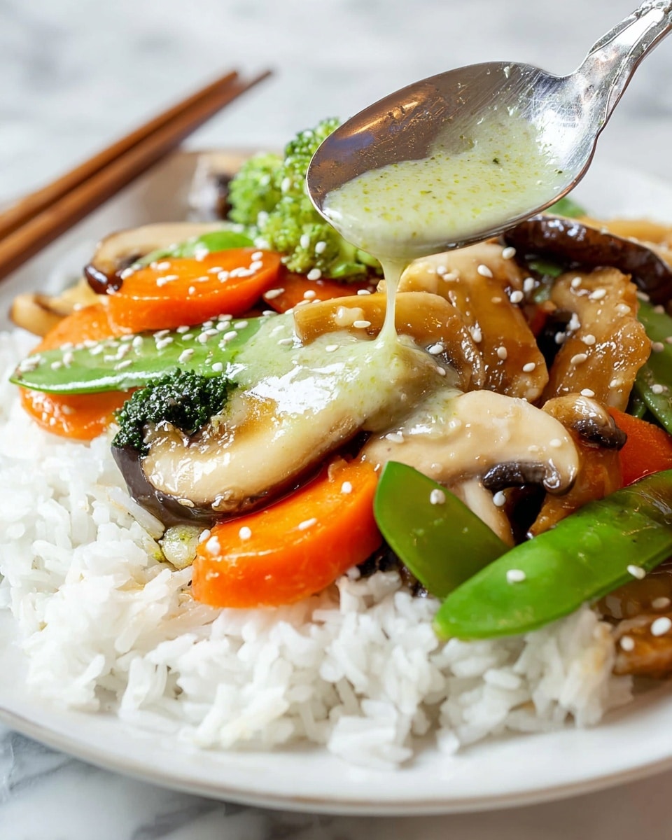This image shows a close-up of a white plate filled with three layers of food. The bottom layer is white steamed rice with a soft and fluffy texture. The middle layer is a colorful stir-fry of bright orange carrot slices, green snap peas, and large, light brown mushroom slices with a tender texture. The top layer consists of a light green vegetable sauce being poured from a silver spoon onto the stir-fry, with white sesame seeds sprinkled on top. The plate rests on a white marbled surface, and a pair of wooden chopsticks is placed in the background. Photo taken with an iphone --ar 4:5 --v 7