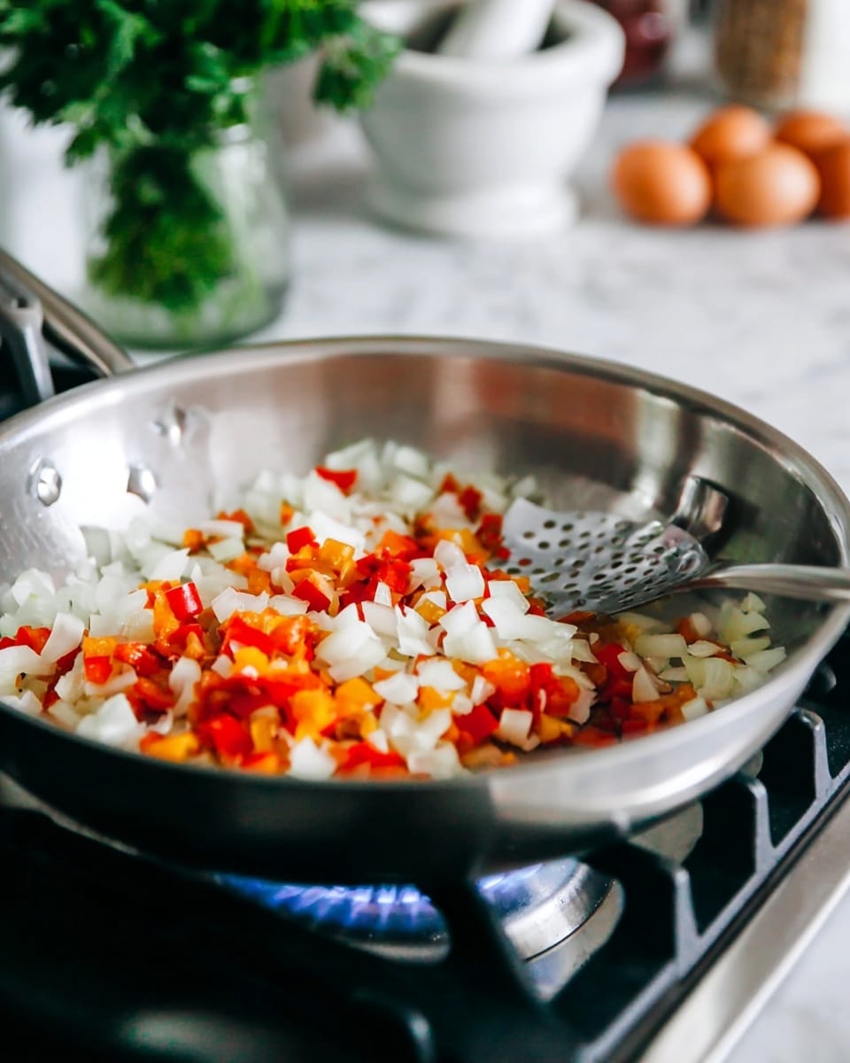 A close-up view of a stainless steel pan on a gas stove with visible blue flames, filled halfway with diced white onions and small red and orange bell pepper pieces being cooked together. A metal slotted spoon rests inside the pan, slightly angled. The background is blurred but shows a white marbled surface with a white mortar and pestle, some brown eggs, and a green leafy herb in a glass jar. The overall colors are bright and fresh, focusing mainly on the vibrant red, orange, and white of the diced vegetables. photo taken with an iphone --ar 4:5 --v 7