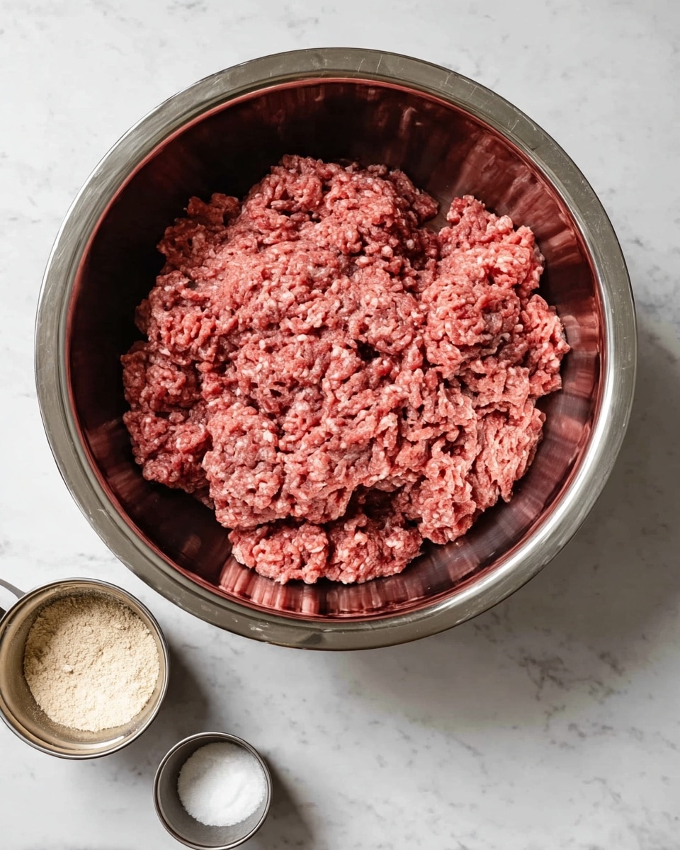 A large shiny metal bowl holds a large pile of raw ground meat in the center, showing shades of red and pink with a coarse texture. Near the bowl, there are two small metallic cups, one containing a white powdery substance and the other a light beige powder. The scene is set on a white marbled surface, adding a clean and bright backdrop to the ingredients photo taken with an iphone --ar 4:5 --v 7
